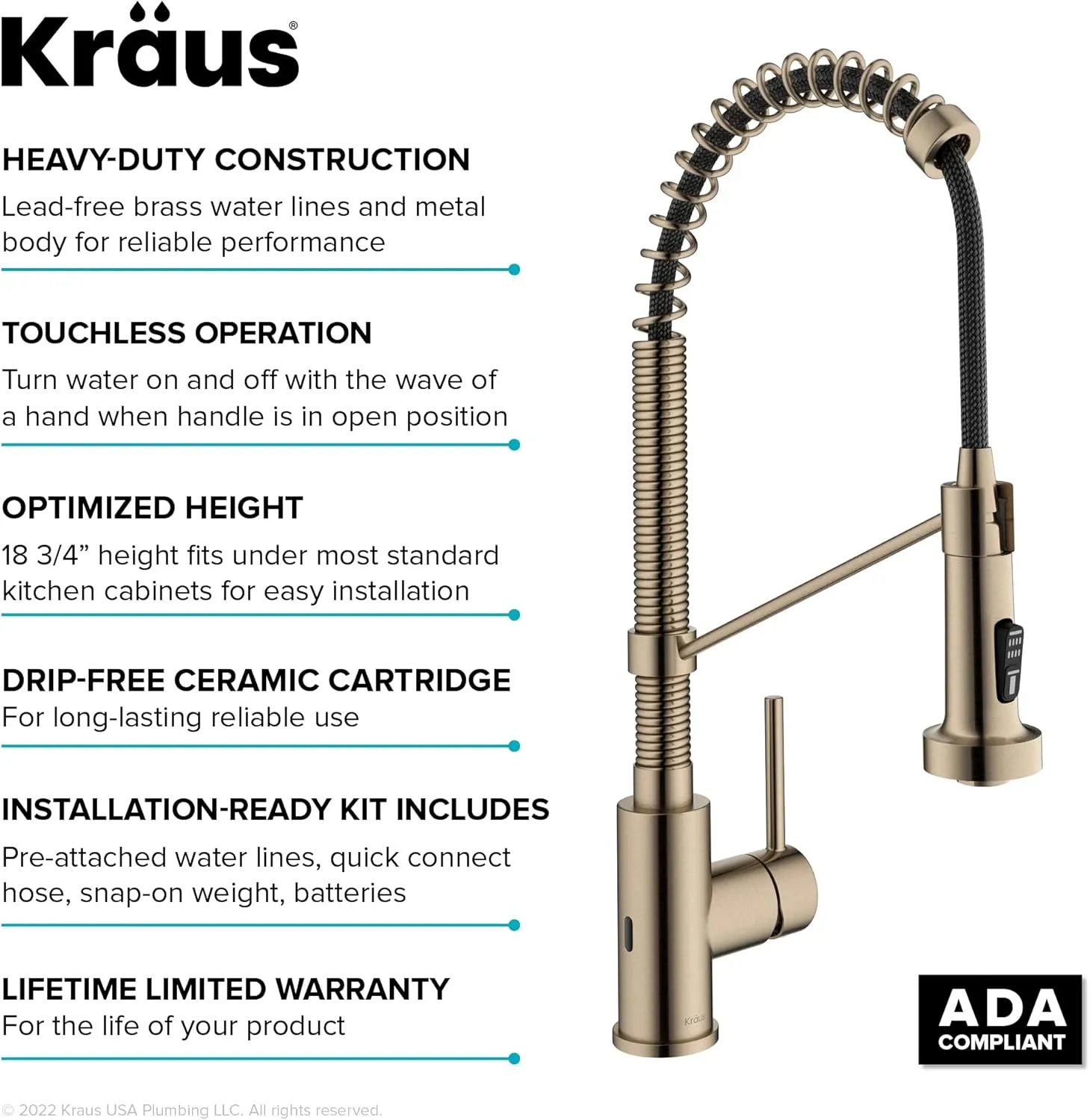 Kraus Bolden Touchless Sensor Commercial Style 2-Function Single Handle Pull Down Kitchen Faucets in Spot-Free Antique Champagne Bronze, KSF-1610SFACB