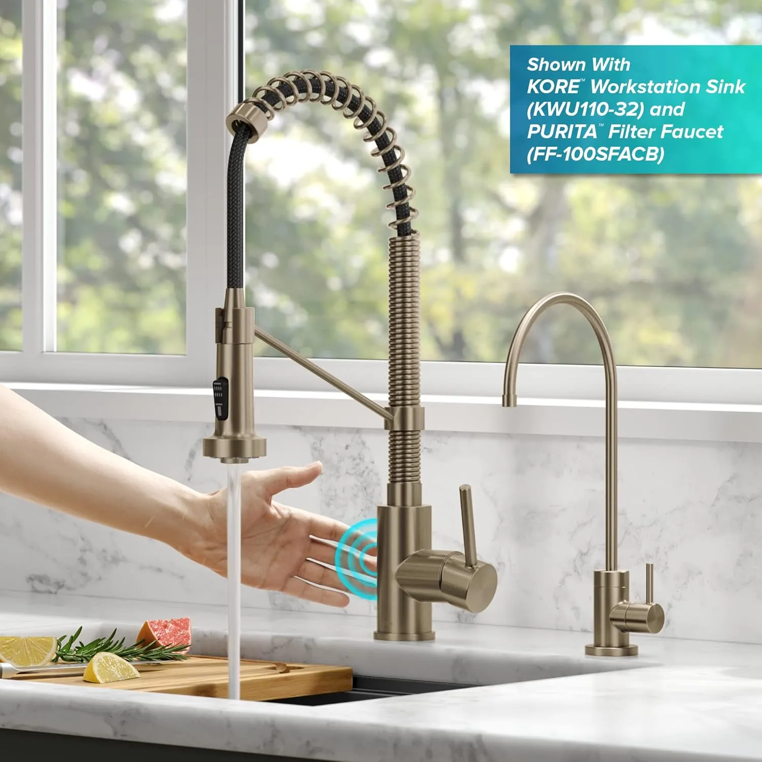 Kraus Bolden Touchless Sensor Commercial Style 2-Function Single Handle Pull Down Kitchen Faucets in Spot-Free Antique Champagne Bronze, KSF-1610SFACB