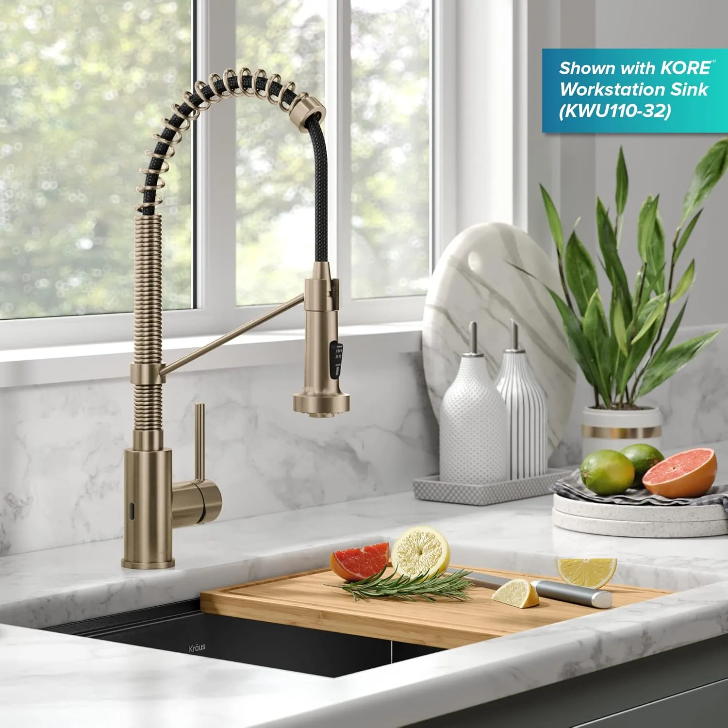 Kraus Bolden Touchless Sensor Commercial Style 2-Function Single Handle Pull Down Kitchen Faucets in Spot-Free Antique Champagne Bronze, KSF-1610SFACB
