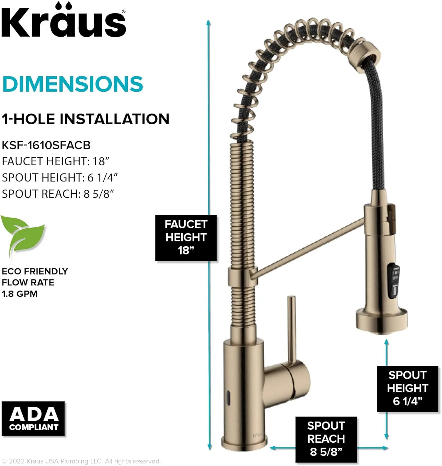 Kraus Bolden Touchless Sensor Commercial Style 2-Function Single Handle Pull Down Kitchen Faucets in Spot-Free Antique Champagne Bronze, KSF-1610SFACB