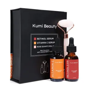 Kumi Beauty. K-Beauty Serums ~ 3 in 1 Gift Box ~ ||| Set: 2 Face Serums (Vitamin C   Retinol)   1 Rose Quartz Roller.