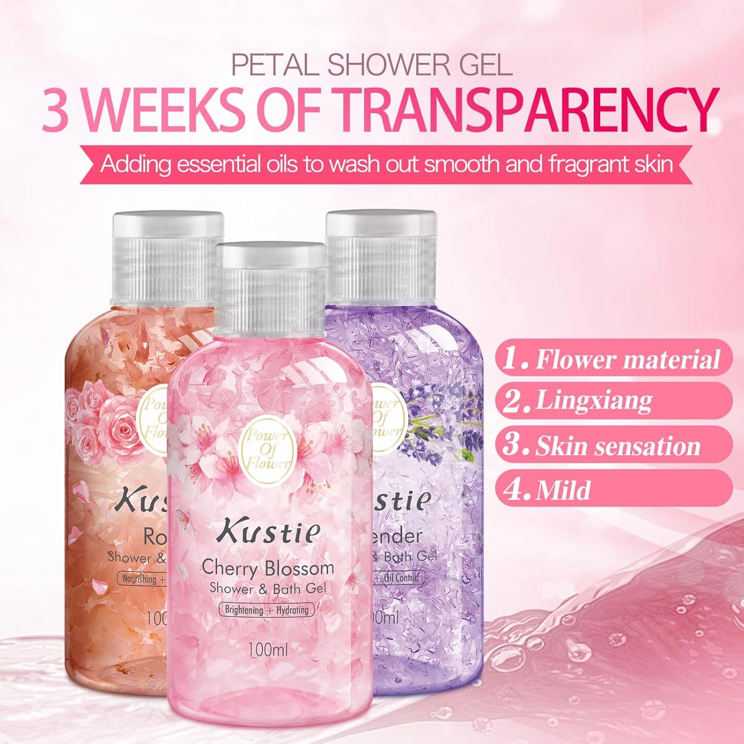 Kustie Flower Body Wash Travel Size Variety 3-Pack,Cherry Blossom, Rose, Lavender – Infused with Real Flower Petals & Essential Oils for Gentle Moisturizing & Relaxation,3.38 oz