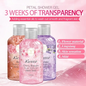 Kustie Flower Body Wash Travel Size Variety 3-Pack,Cherry Blossom, Rose, Lavender – Infused with Real Flower Petals & Essential Oils for Gentle Moisturizing & Relaxation,3.38 oz