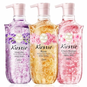 Kustie Natural Petal Body Wash 3-Pack, Rose/Lavender/Cherry Blossom – Infused with Real Flower Petals & Essential Oils for Gentle Moisturizing & Relaxation,16.9 oz