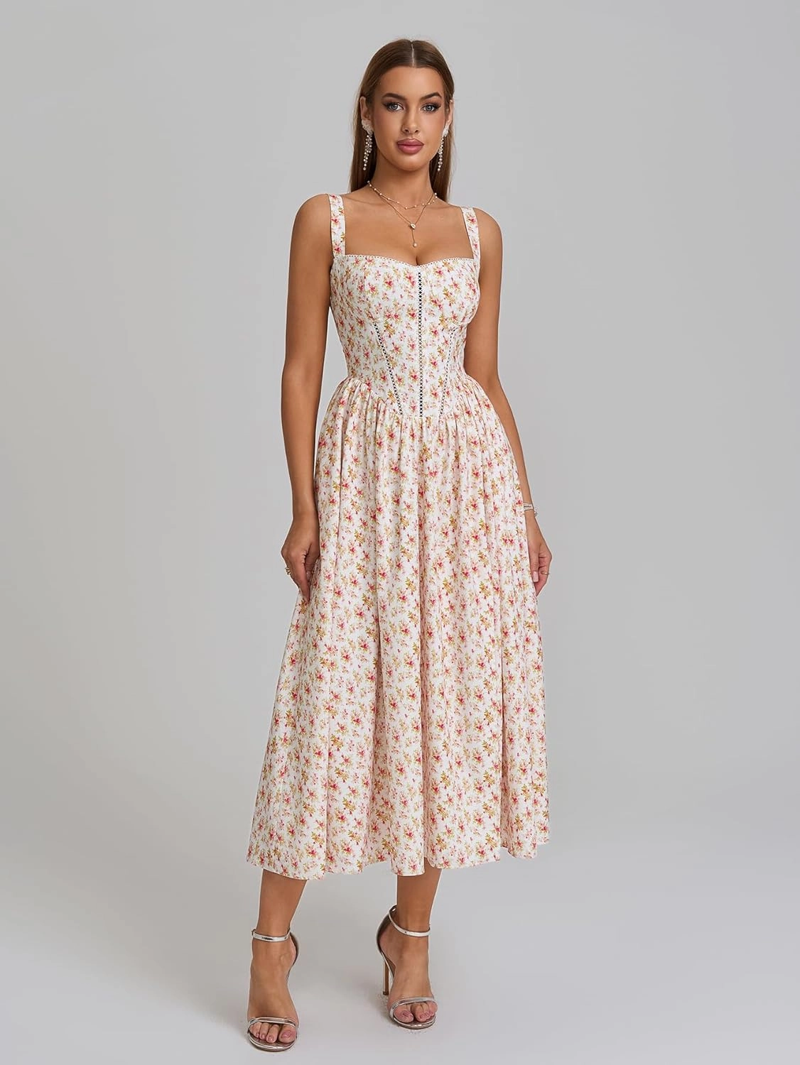 KUTUMAI Floral Corset Midi Dress Flowy Slit Summer Spring Wedding Guest Dresses for Women Sundress with Pockets