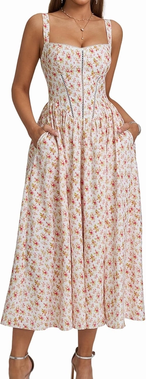 KUTUMAI Floral Corset Midi Dress Flowy Slit Summer Spring Wedding Guest Dresses for Women Sundress with Pockets