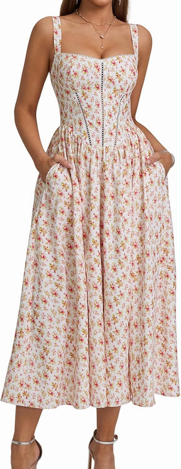 KUTUMAI Floral Corset Midi Dress Flowy Slit Summer Spring Wedding Guest Dresses for Women Sundress with Pockets