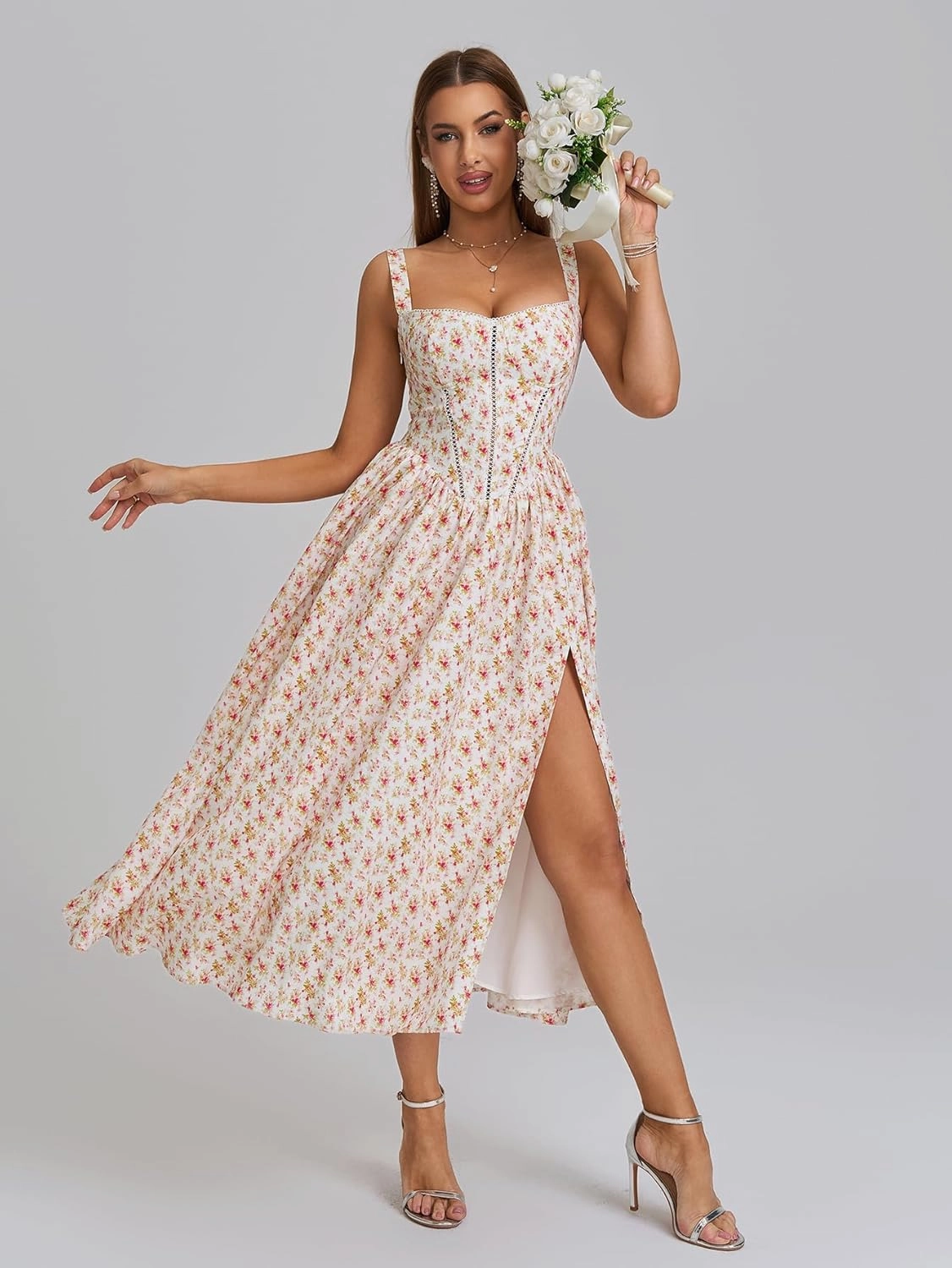 KUTUMAI Floral Corset Midi Dress Flowy Slit Summer Spring Wedding Guest Dresses for Women Sundress with Pockets