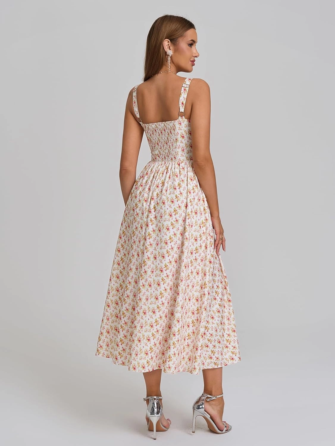 KUTUMAI Floral Corset Midi Dress Flowy Slit Summer Spring Wedding Guest Dresses for Women Sundress with Pockets