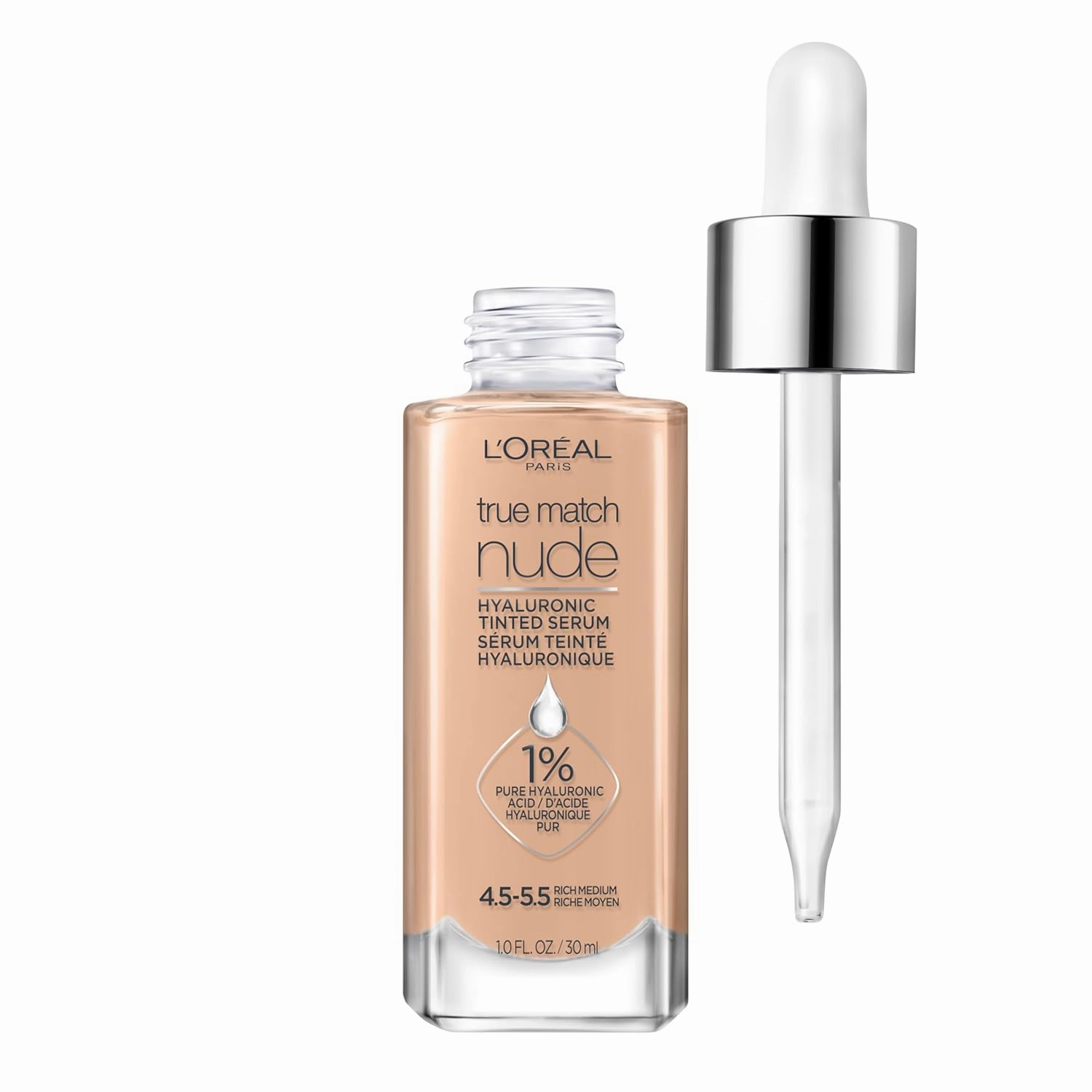 L'Oreal Paris True Match Nude Hyaluronic Tinted Serum Foundation with 1% Hyaluronic acid, Rosy Light 1-2.5, 1 fl. oz.