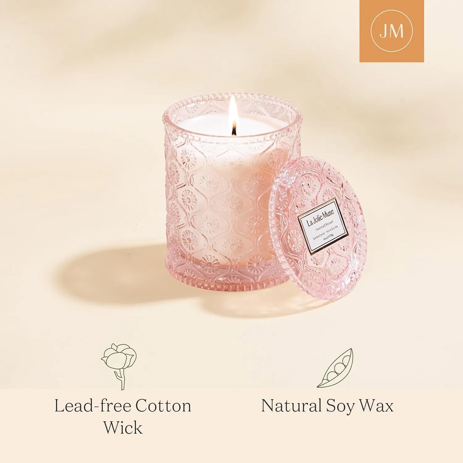 LA JOLIE MUSE Sandalwood Rose Candle, Scented Candles, Mothers Day Candles Gifts for Women, Natural Soy Candle, 6 oz 40 Hours Burn, Candles for Home Scented