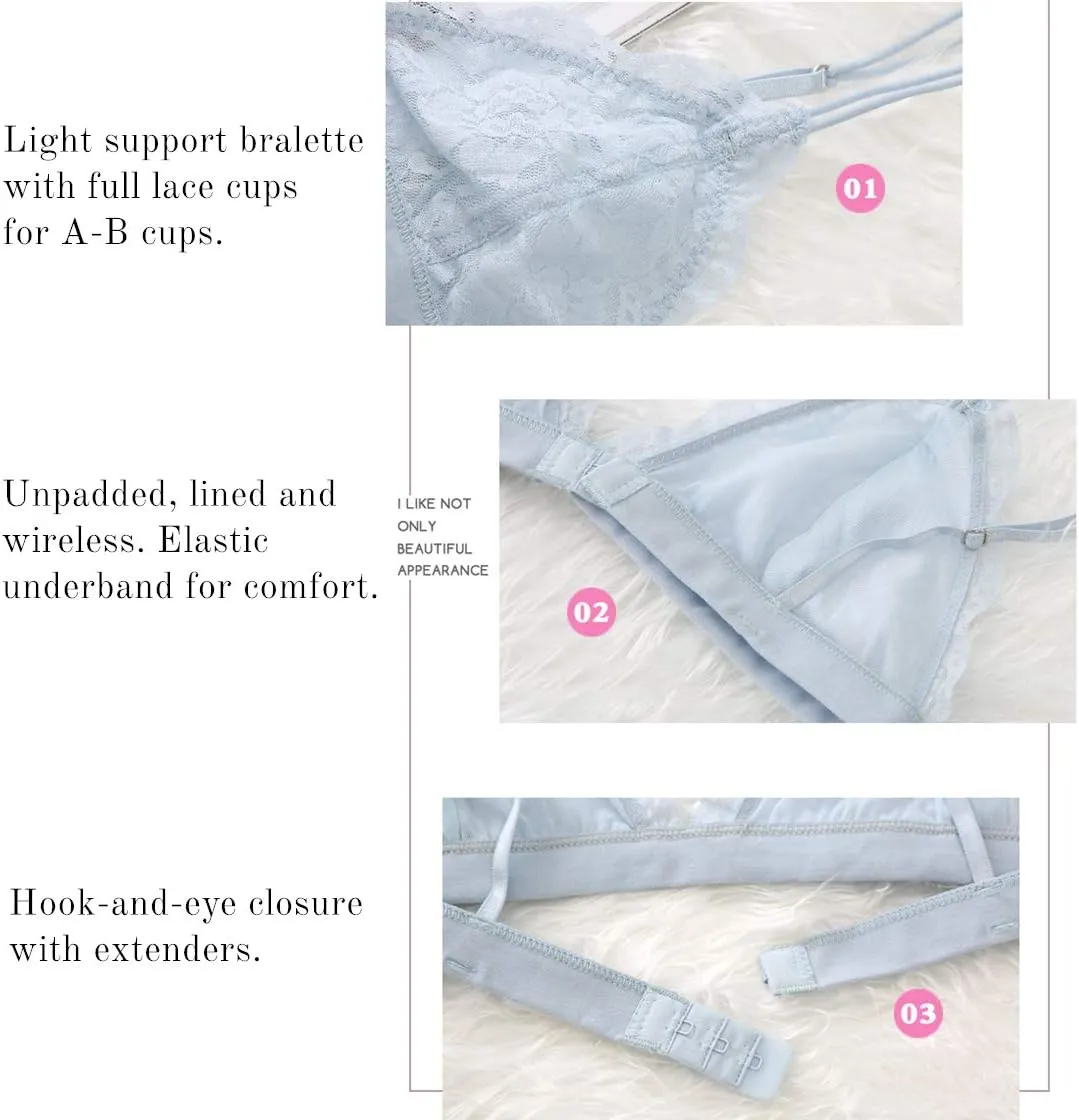 Lace Bralettes for Women Floral Adjustable Thin Strap V Neck Hook Eye Unpadded Triangle Bralette Wire Free Bra