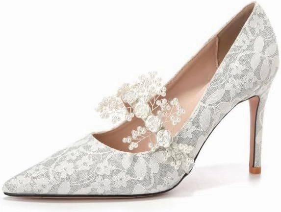 Lace Stiletto Heels 2.56In/6.5Cm - Pearl & Floral Embellished, Silver/Green/Champagne
