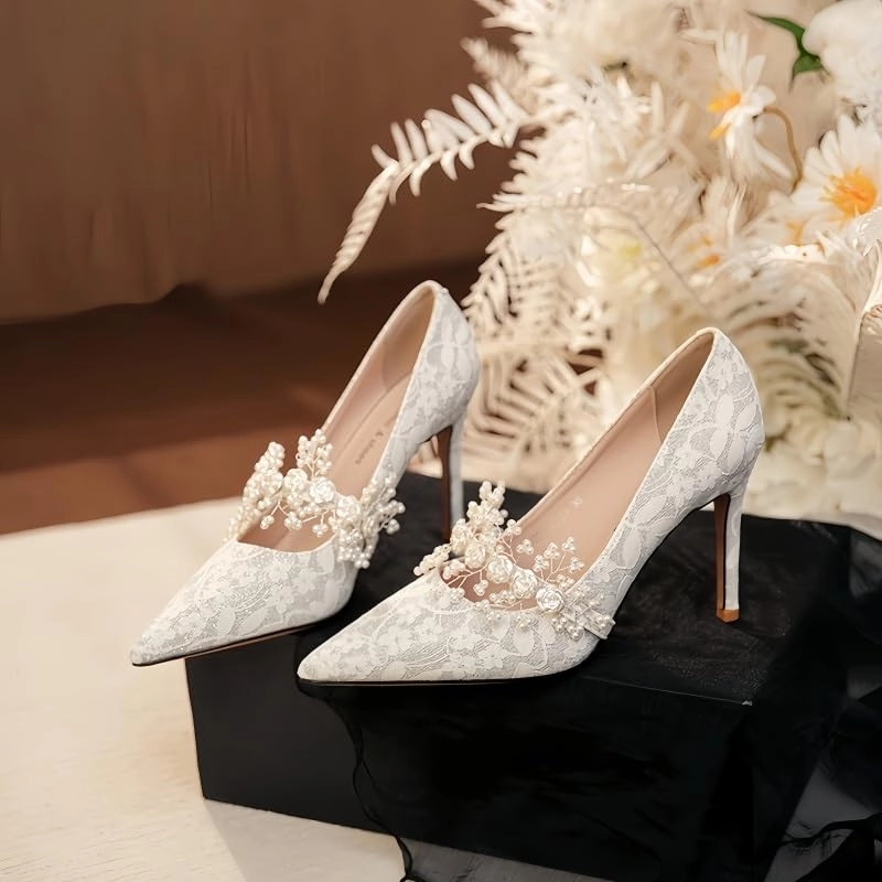Lace Stiletto Heels 2.56In/6.5Cm - Pearl & Floral Embellished, Silver/Green/Champagne