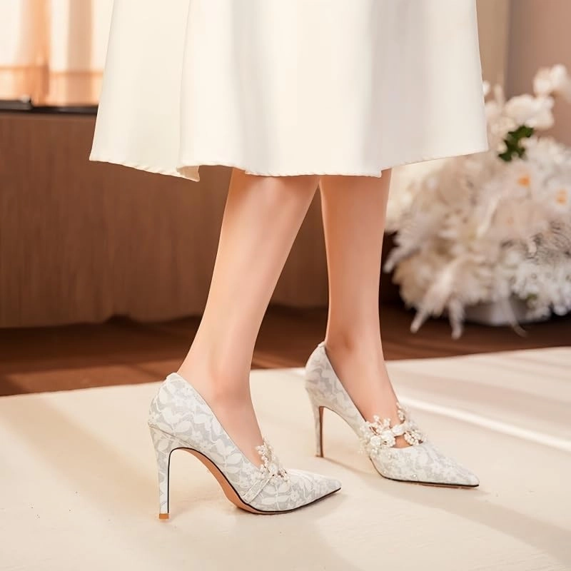 Lace Stiletto Heels 2.56In/6.5Cm - Pearl & Floral Embellished, Silver/Green/Champagne