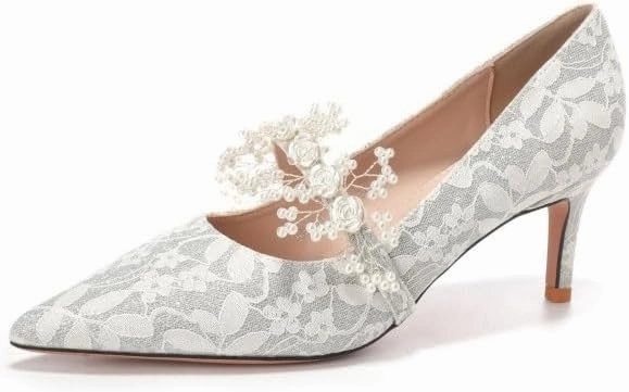 Lace Stiletto Heels 3.74In/9.5Cm - Pearl & Floral Embellished, Silver/Green/Champagne