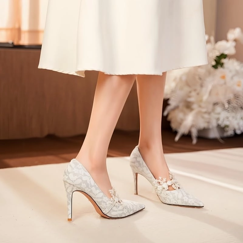 Lace Stiletto Heels 3.74In/9.5Cm - Pearl & Floral Embellished, Silver/Green/Champagne