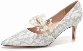 Lace Stiletto Heels 3.74In/9.5Cm - Pearl & Floral Embellished, Silver/Green/Champagne