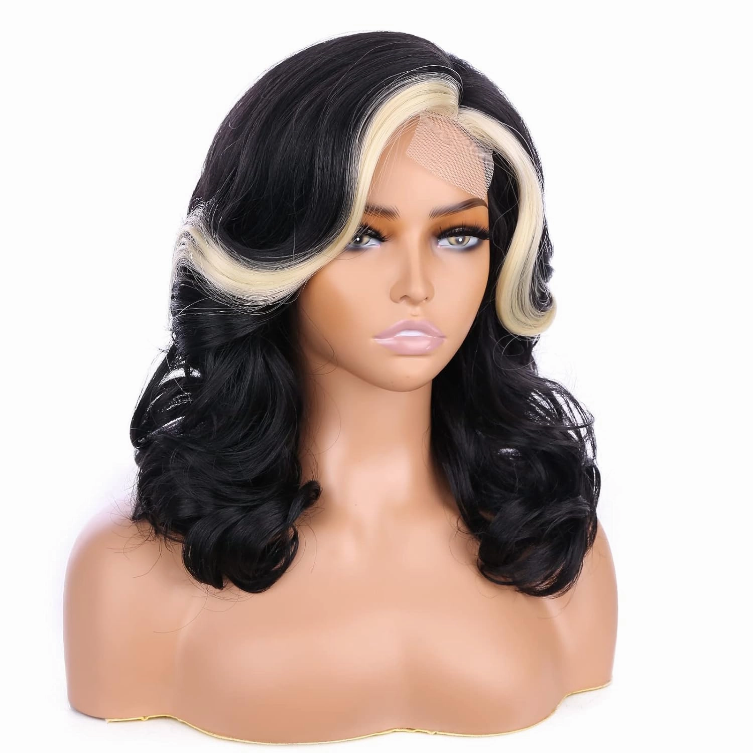 Lady Miranda Loose Wave Lace Part Wig Black with Blonde Highlights Nature Curly Synthetic Heat Resistant Weave Full Wigs for Women