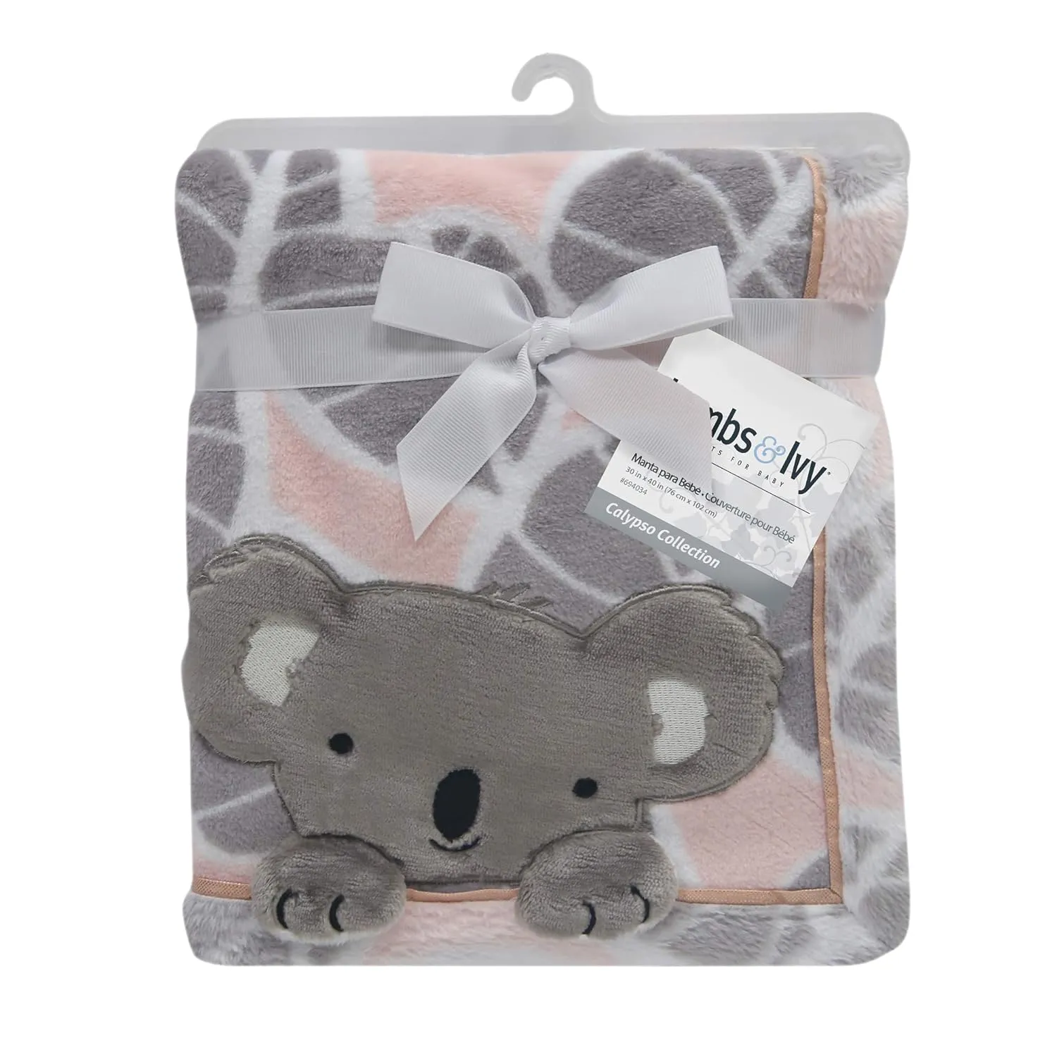 Lambs & Ivy Calypso Pink/Gray Koala Leaf Print Luxury Coral Fleece Baby Blanket