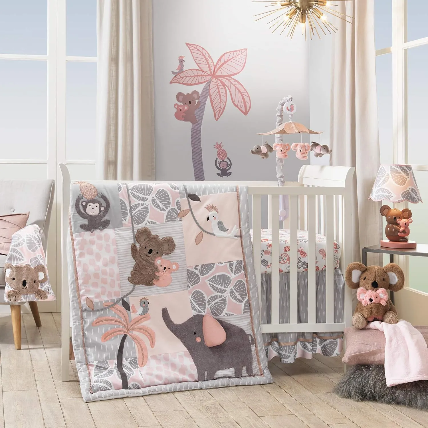 Lambs & Ivy Calypso Pink/Gray Koala Leaf Print Luxury Coral Fleece Baby Blanket