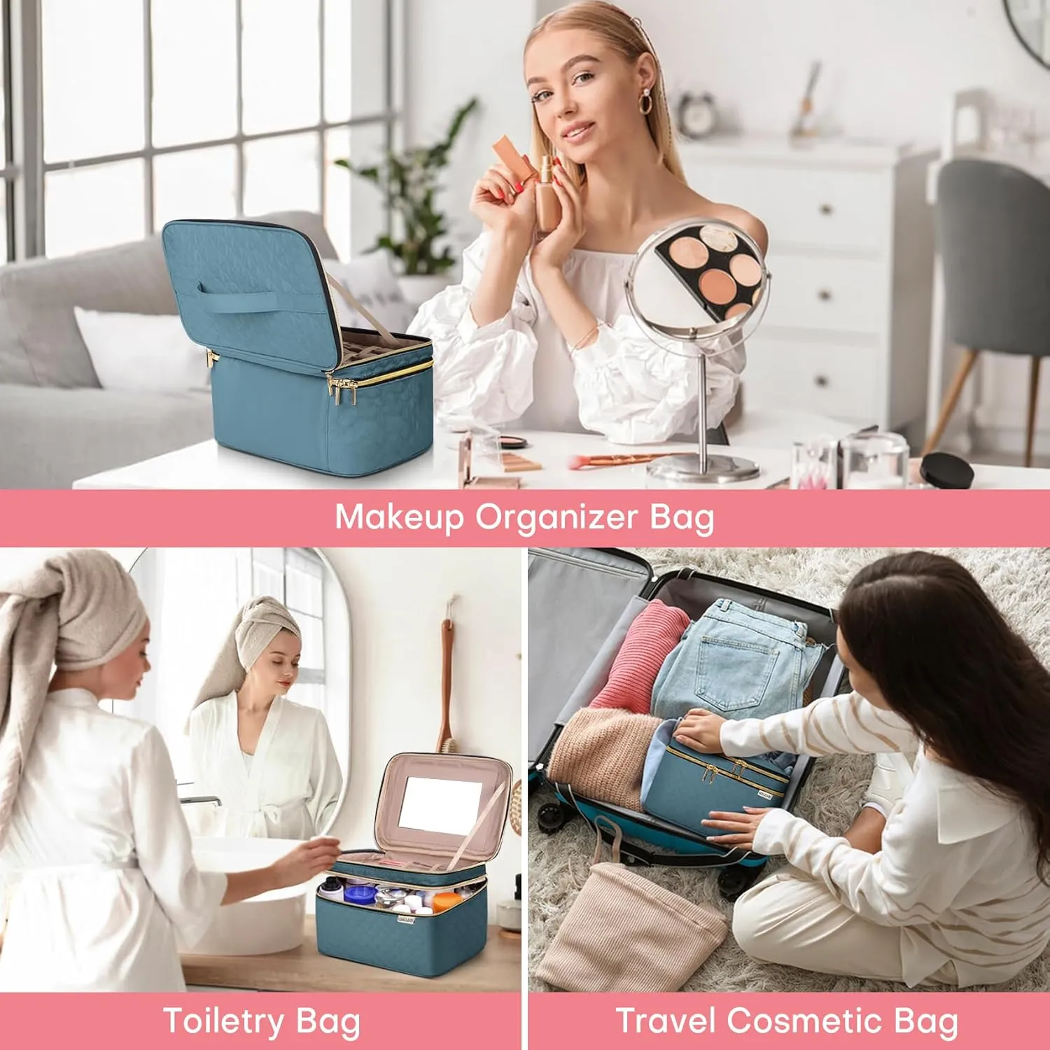 Large Makeup Bag with Mirror Double Layer Travel Make Up Organizer Case, Large Capacity Coemetic with Brush Slot Divider, Travel Toiletry Bag for Women (Lake Blue)