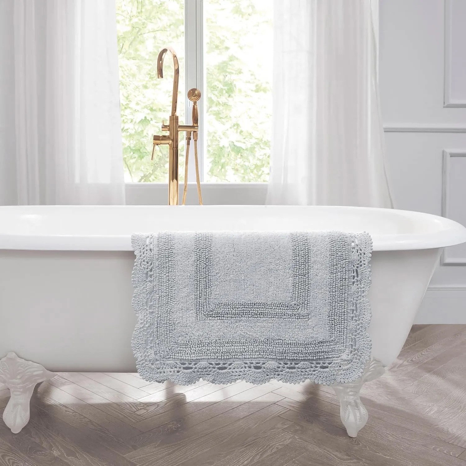 Laura Ashley Crochet Cotton 21x34 Bath Rug, Light Grey