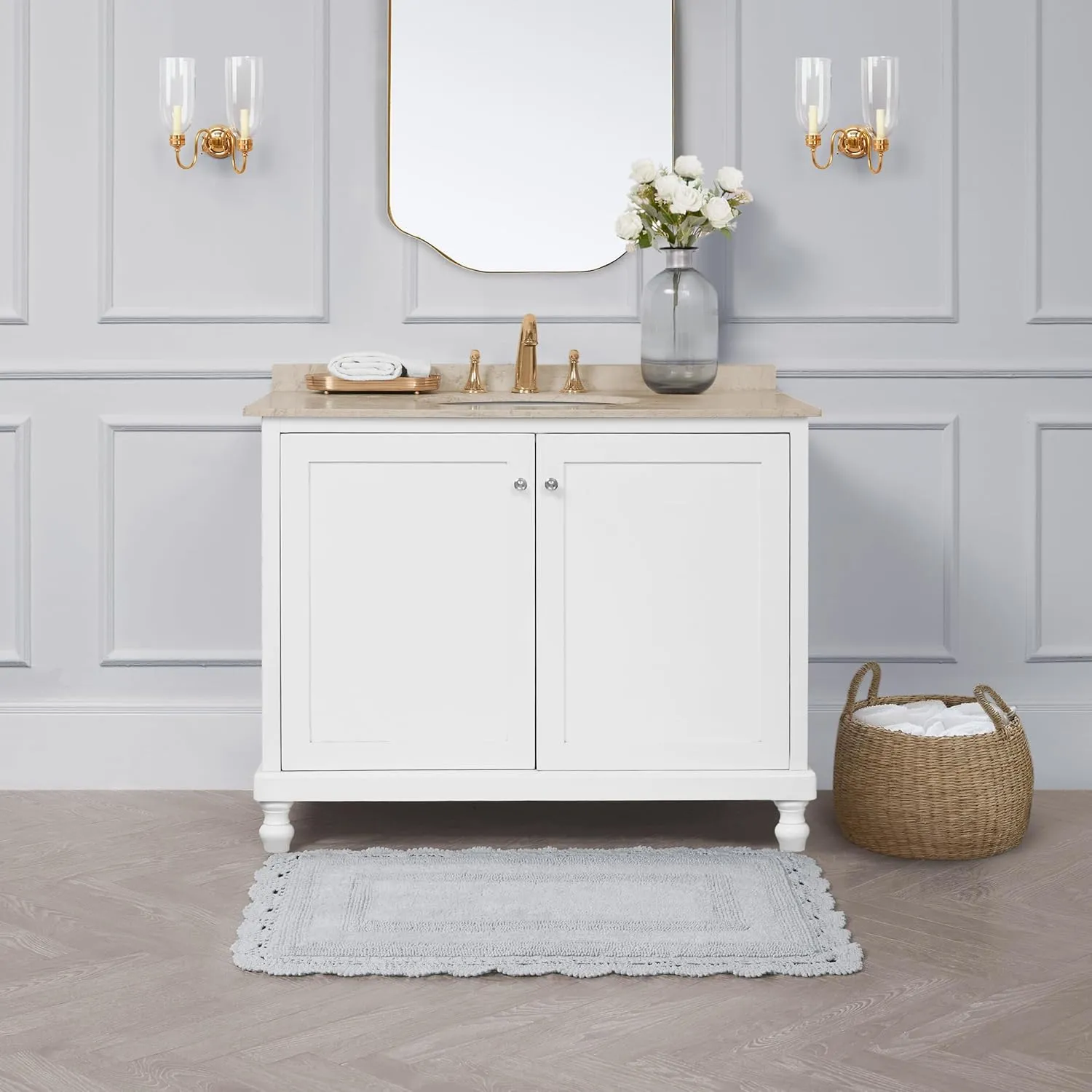 Laura Ashley Crochet Cotton 21x34 Bath Rug, Light Grey