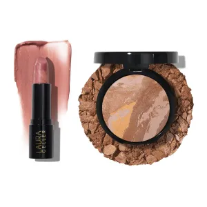 LAURA GELLER NEW YORK Baked Balance-n-Brighten Powder Foundation, Tan   Italian Marble Sheer Hydrating Lipstick, Al Fresco