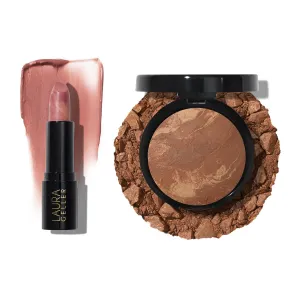 LAURA GELLER NEW YORK Baked Balance-n-Brighten Powder Foundation, Toffee   Italian Marble Sheer Hydrating Lipstick, Al Fresco
