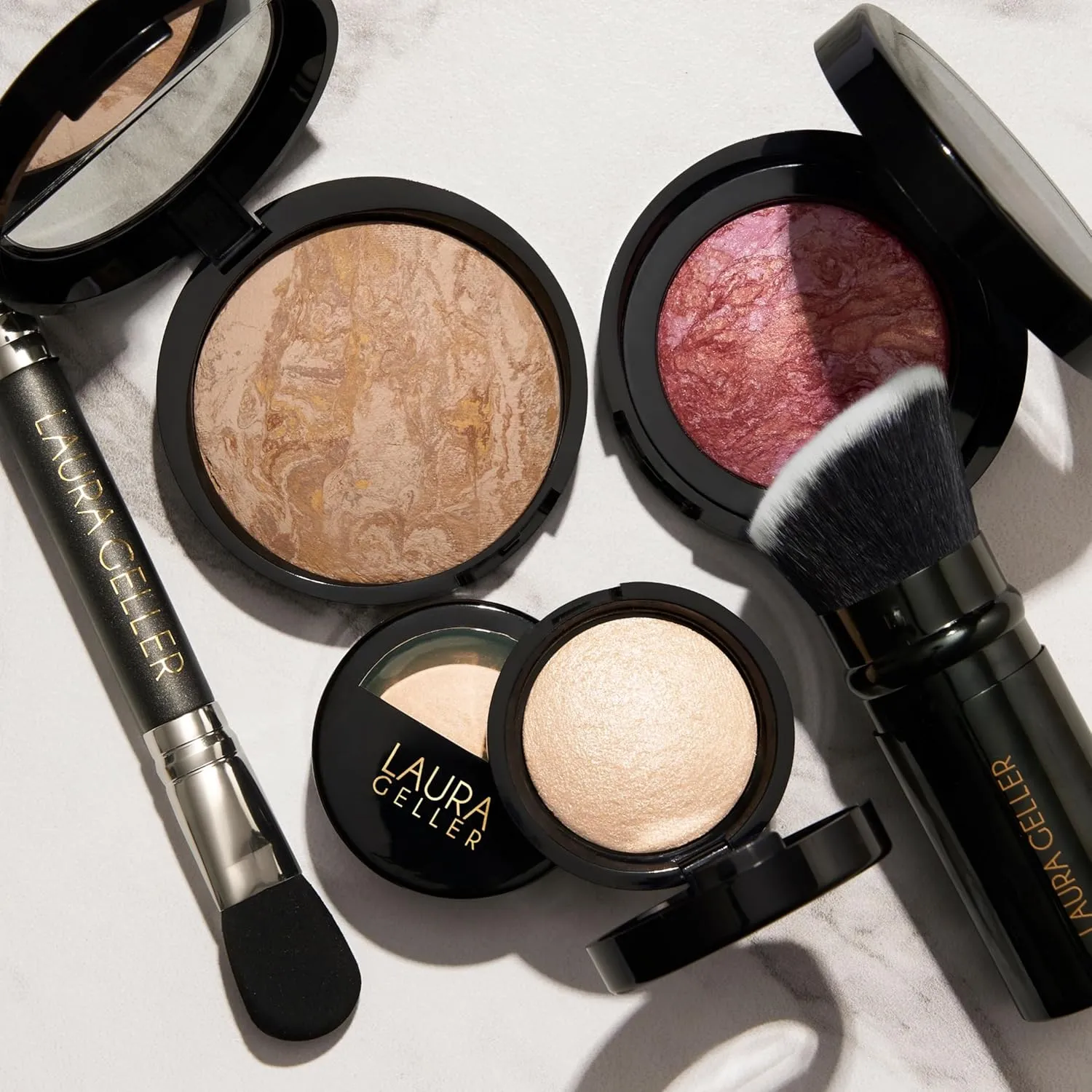 LAURA GELLER NEW YORK Daily Routine Kit (4 PC): Baked Balance-N-Brighten Foundation, Fair   Retractable Kabuki Brush   Blush-N-Brighten, Tropic Hues   Original Baked Highlighter, French Vanilla