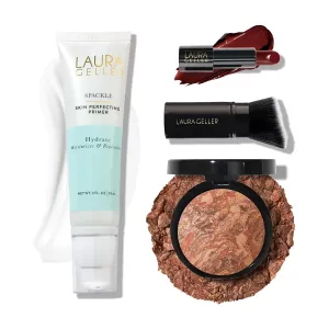 LAURA GELLER NEW YORK Effortless Essentials Kits (4pc): Baked Balance-n-Brighten Foundation, Deep   Spackle Makeup Primer, Hydrate   Modern Classic Cream Lipstick, Berry Bliss   Kabuki