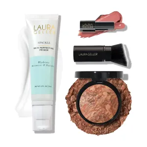 LAURA GELLER NEW YORK Effortless Essentials Kits - Cream Finish (4pc): Baked Balance-n-Brighten Foundation, Deep   Spackle Makeup Primer, Hydrate   Modern Classic Cream Lipstick, Pink Passion Kabuki