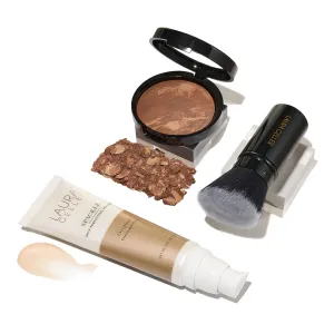 LAURA GELLER NEW YORK Everyday Routine Kit - Baked Balance-N-Brighten Color Correcting Powder Foundation, Toffee   Retractable Angled Kabuki   Spackle Makeup Primer, Champagne Glow (3 PC)