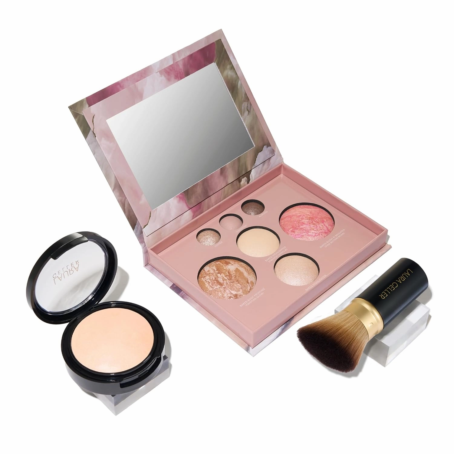 LAURA GELLER NEW YORK Baked Starter Kit - Full Coverage: Double Take Powder Foundation, Porcelain   Best of the Best Face Palette   Retractable Angled Kabuki Brush