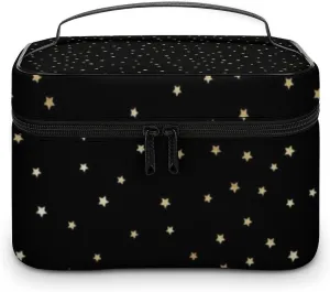 Leather Cosmetic Case, Black and Gold Star Portable Makeup Bag Organizer Large Capacity Travel Toiletry Bag with Zipper