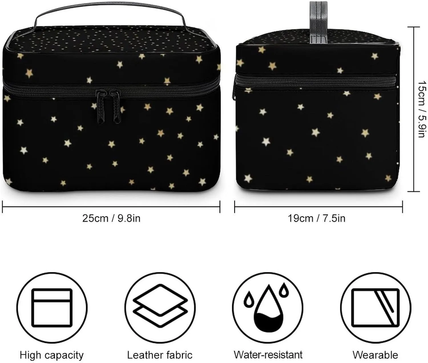 Leather Cosmetic Case, Black and Gold Star Portable Makeup Bag Organizer Large Capacity Travel Toiletry Bag with Zipper