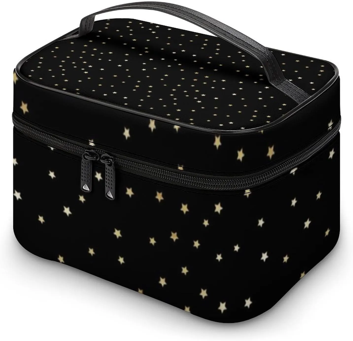 Leather Cosmetic Case, Black and Gold Star Portable Makeup Bag Organizer Large Capacity Travel Toiletry Bag with Zipper