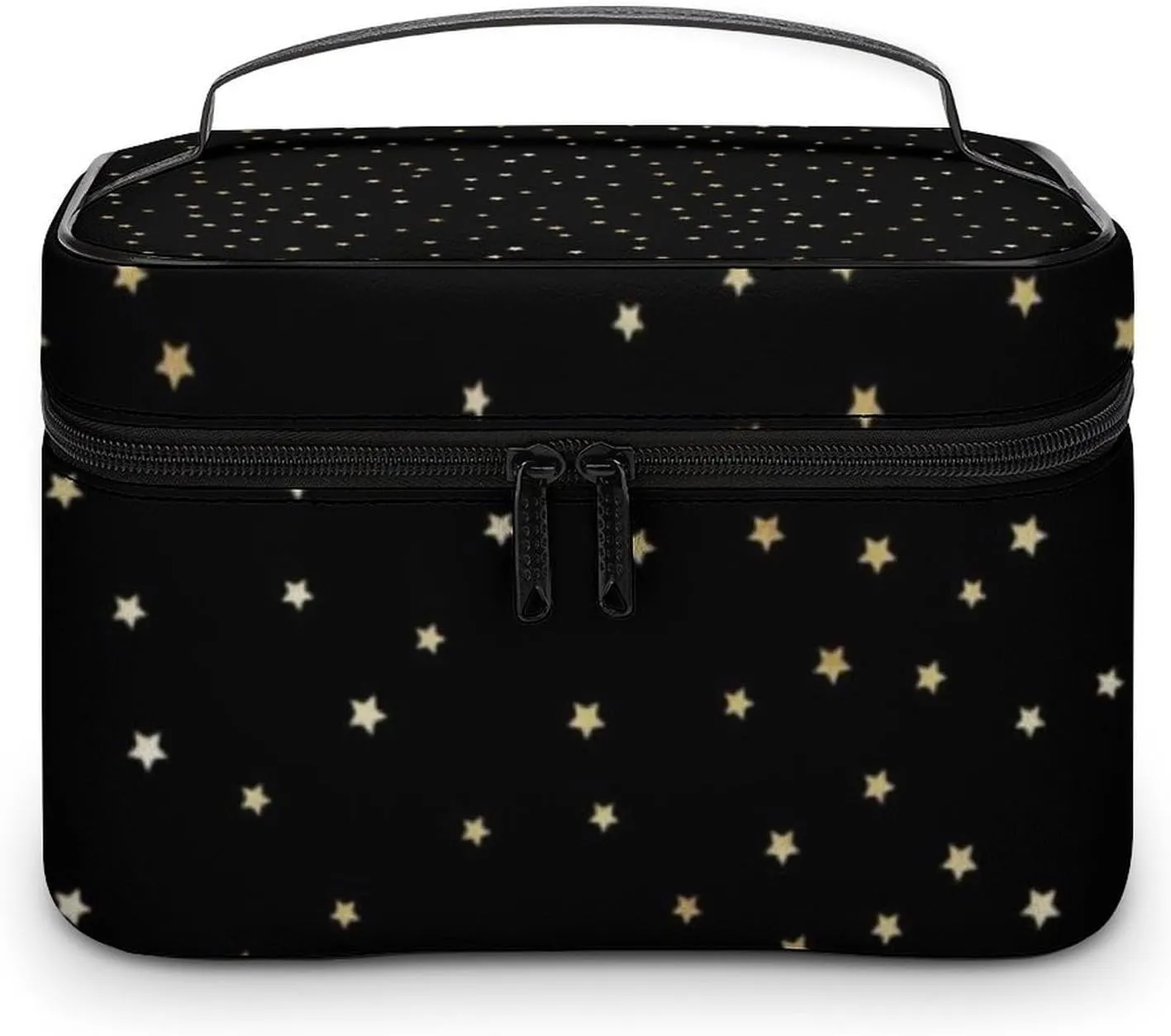 Leather Cosmetic Case, Black and Gold Star Portable Makeup Bag Organizer Large Capacity Travel Toiletry Bag with Zipper