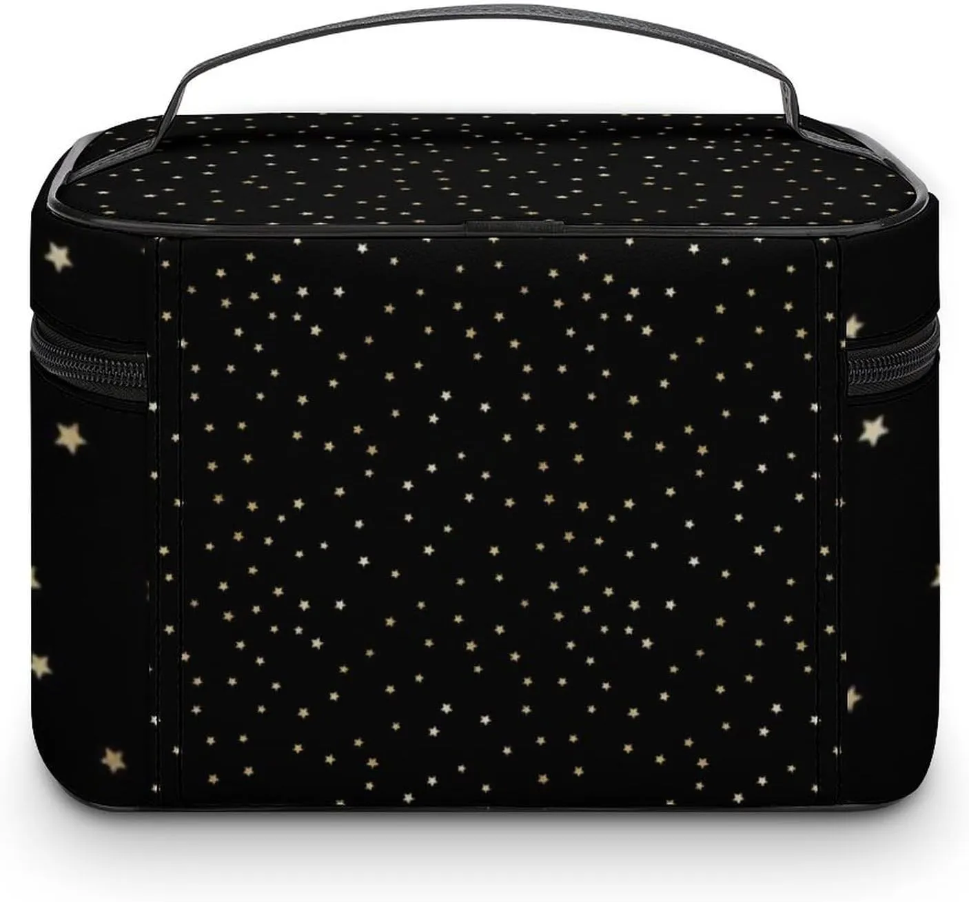 Leather Cosmetic Case, Black and Gold Star Portable Makeup Bag Organizer Large Capacity Travel Toiletry Bag with Zipper
