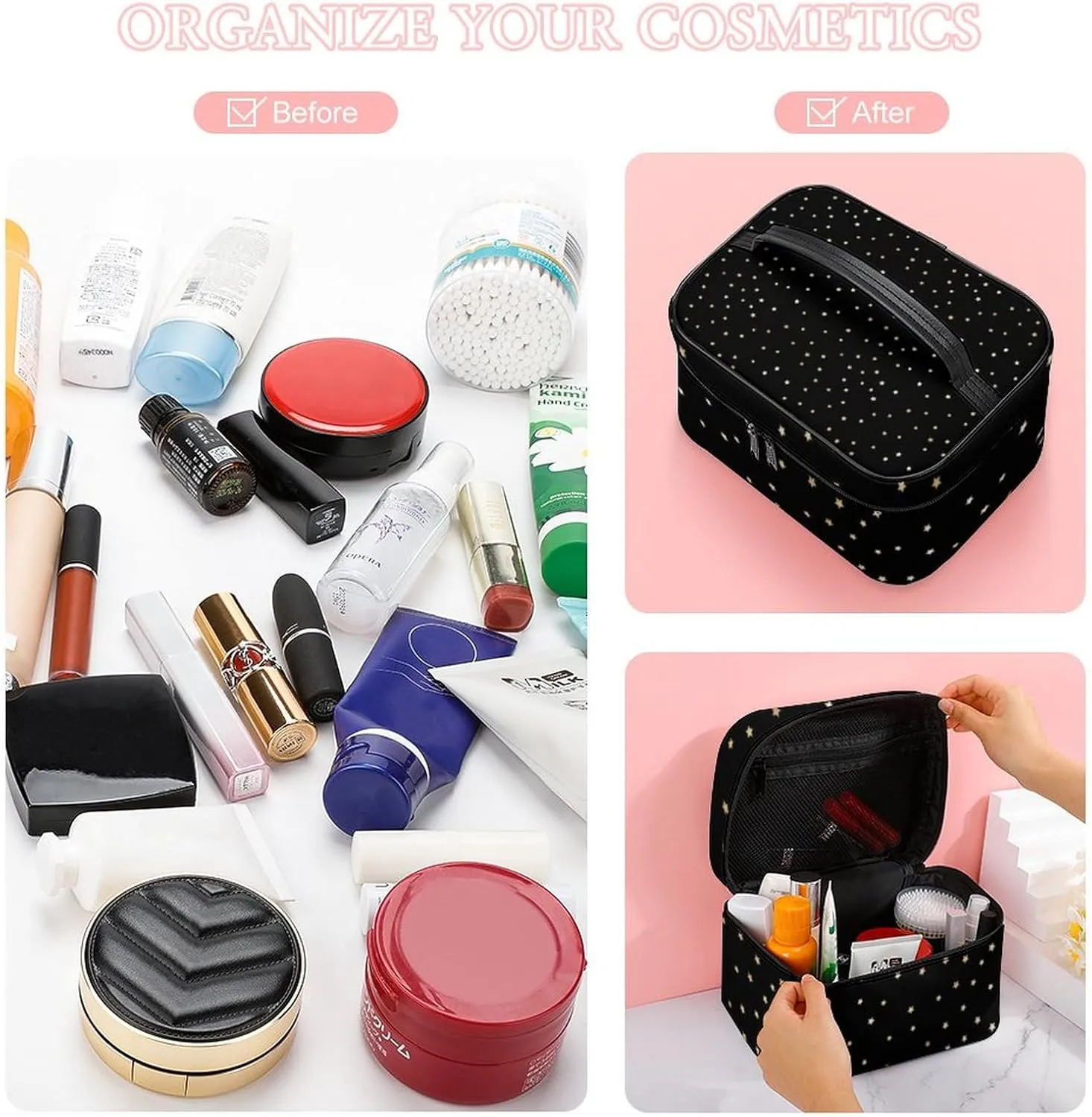 Leather Cosmetic Case, Black and Gold Star Portable Makeup Bag Organizer Large Capacity Travel Toiletry Bag with Zipper