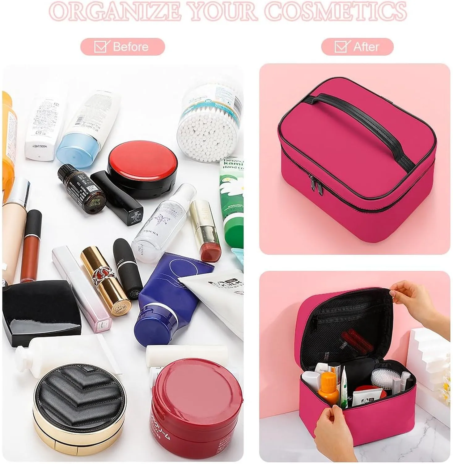 Leather Cosmetic Case, Cherry Solid Color Classic Elegant Trendy Portable Makeup Bag Organizer Large Capacity Travel Toiletry Bag with Zipper