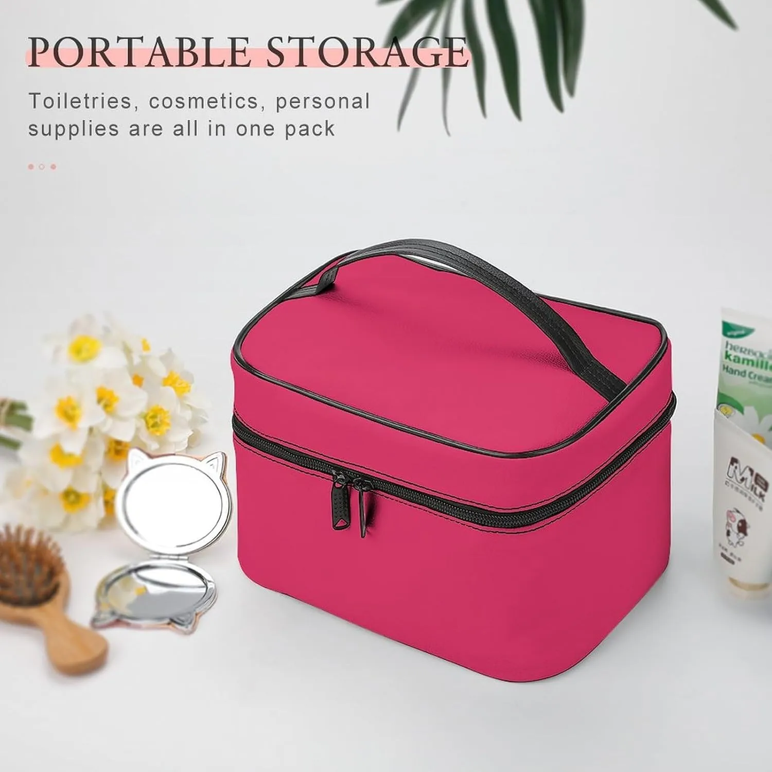 Leather Cosmetic Case, Cherry Solid Color Classic Elegant Trendy Portable Makeup Bag Organizer Large Capacity Travel Toiletry Bag with Zipper
