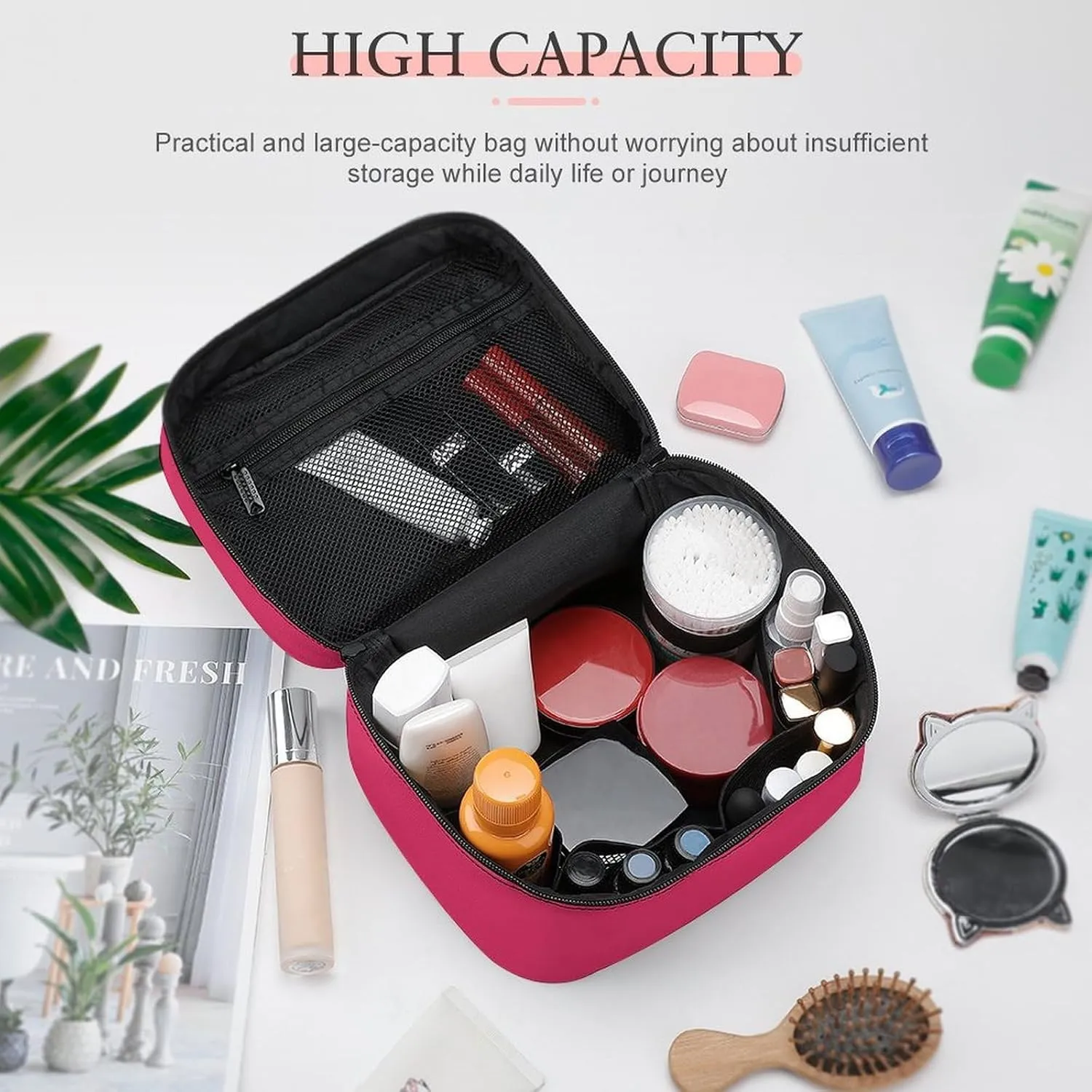 Leather Cosmetic Case, Cherry Solid Color Classic Elegant Trendy Portable Makeup Bag Organizer Large Capacity Travel Toiletry Bag with Zipper