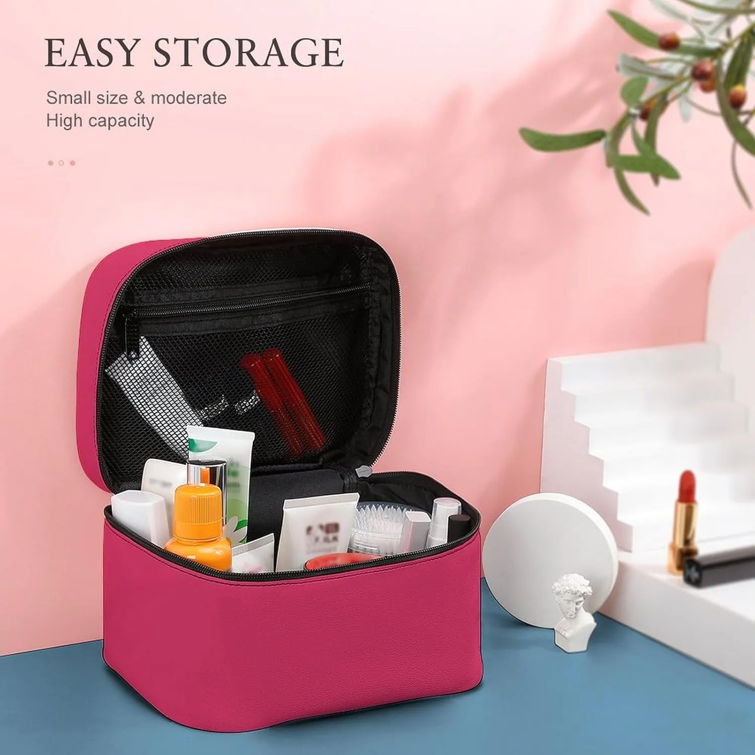 Leather Cosmetic Case, Cherry Solid Color Classic Elegant Trendy Portable Makeup Bag Organizer Large Capacity Travel Toiletry Bag with Zipper