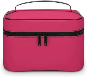 Leather Cosmetic Case, Cherry Solid Color Classic Elegant Trendy Portable Makeup Bag Organizer Large Capacity Travel Toiletry Bag with Zipper
