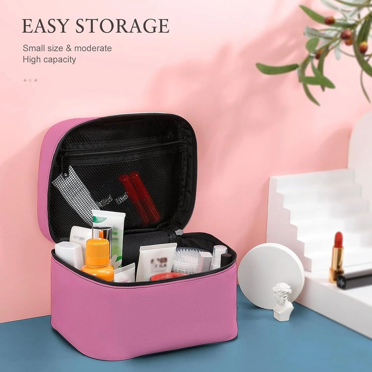 Leather Cosmetic Case, Cotton Soft Pink Portable Makeup Bag Organizer Large Capacity Travel Toiletry Bag with Zipper
