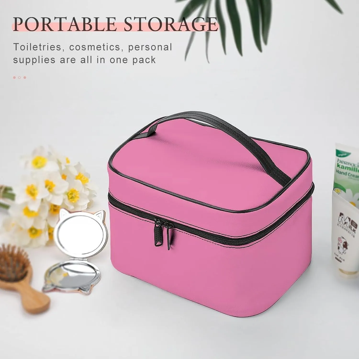 Leather Cosmetic Case, Cotton Soft Pink Portable Makeup Bag Organizer Large Capacity Travel Toiletry Bag with Zipper