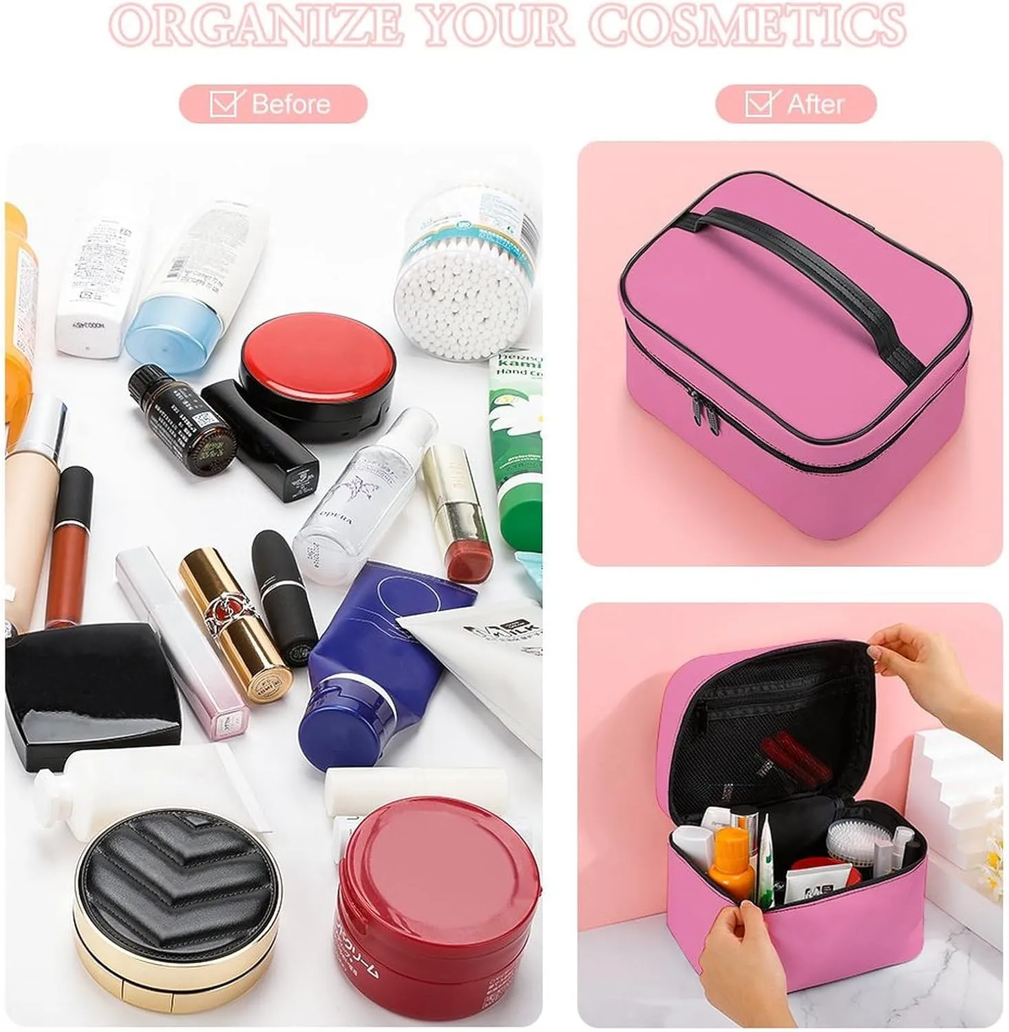 Leather Cosmetic Case, Cotton Soft Pink Portable Makeup Bag Organizer Large Capacity Travel Toiletry Bag with Zipper
