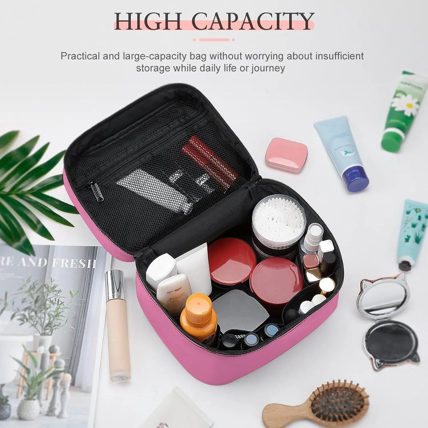 Leather Cosmetic Case, Cotton Soft Pink Portable Makeup Bag Organizer Large Capacity Travel Toiletry Bag with Zipper